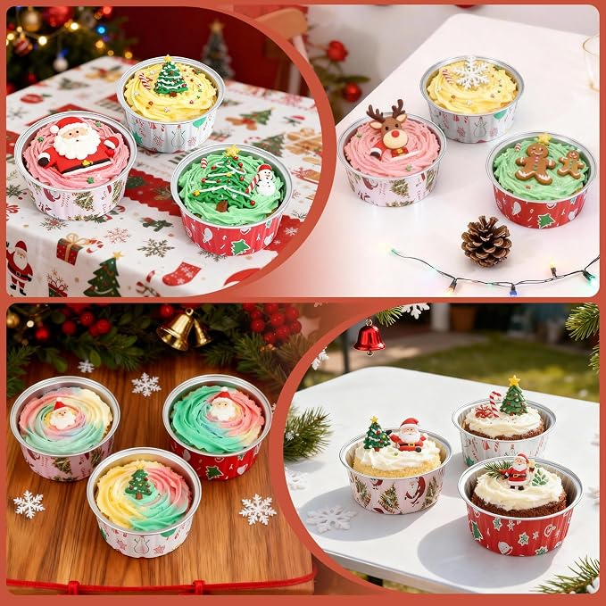 100Pack Mixcolor Christmas Cupcake Liners, 5oz Mini Cake Pans with Lids Xmas Aluminum Cups Disposable Ramekins Muffin Tins Containers for Gift Holiday Birthday Party Cake Baking Stackable Portable