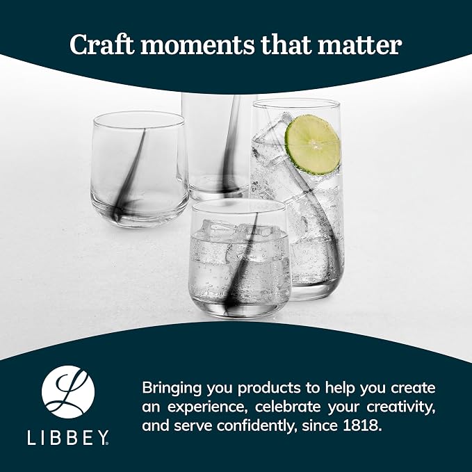 Libbey Ascent Black Ribbon Tumbler and Rocks Drinking Glasses Set of 16, Glass Drinking Glasses with Curvature, Versatile Glassware Set for Daily Use