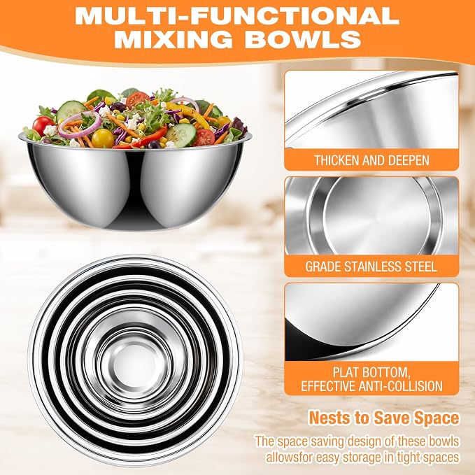 Stainless Steel Mixing Bowls Set - 5-piece Polished Mirror Nesting Bowls 1.25, 2.75, 4.25, 6.25, 8 Quart Thickened Material Ideal for Kitchen, Cooking, Baking and Storage, Deep