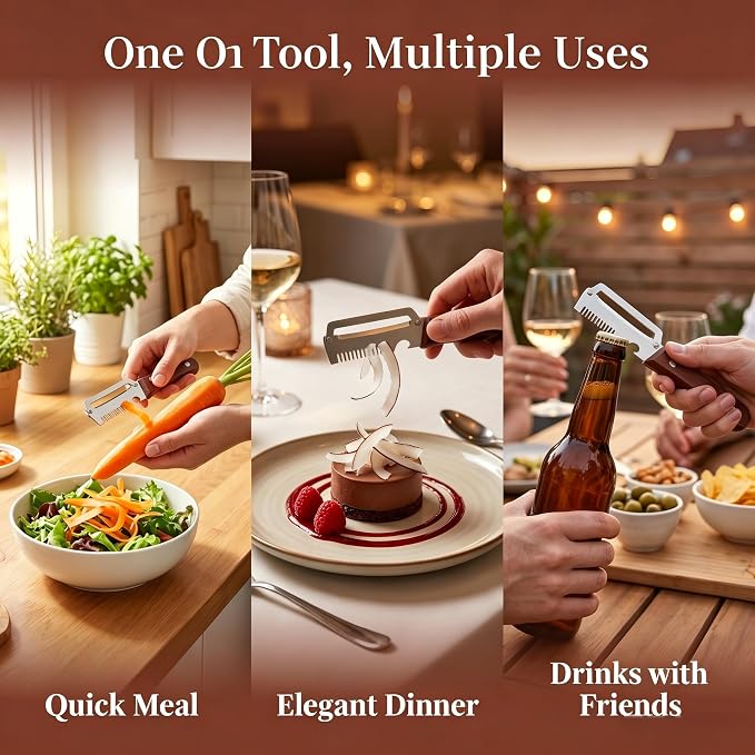 Multifunctional Vegetable Peeler - Vegetable Peeler with Bottle Opener, Stainless Steel Peeler with Wooden Handle, Fruit Peeler for Kitchen, Camping, Travel