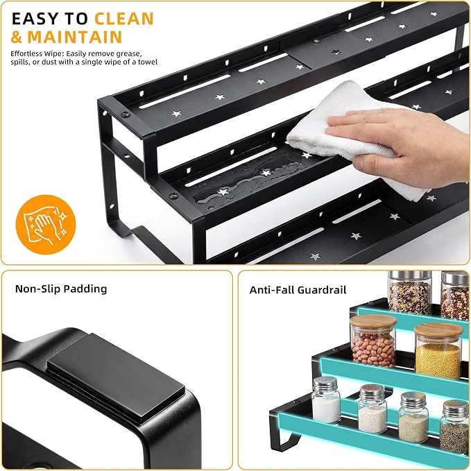 2 Pack Spice Rack Organizer for Cabinet, 13-21.5" Expandable Spicy Shelf | 9.45" Depth 3-Tier Black Metal Seasoning Organizer, Kitchen Spice Organization, Slip-Resistant Guardrails for Jars and Cans