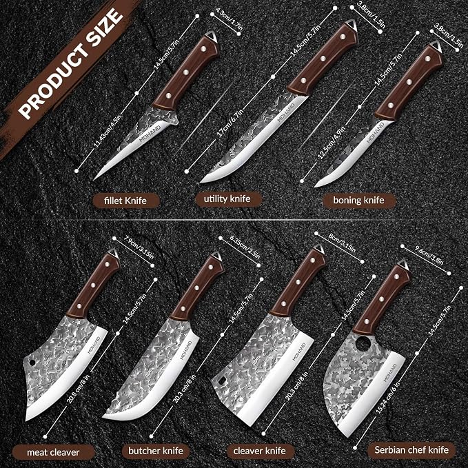 Butcher Knife Set, Hand Forged Butcher Chef Knife Set with Roll Bag | High Carbon Steel 14PCS Meat Cleaver Knife, Bone Chopper Knives, Fillet Knives for Kitchen, Camping Outdoor BBQ, Gift for Men