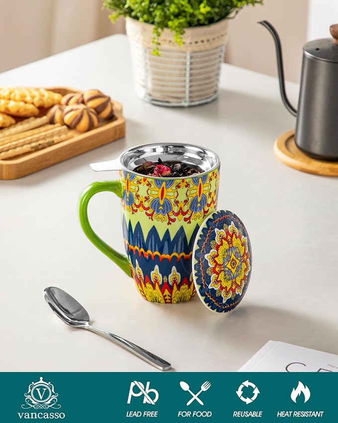 vancasso 18 Oz Tea Infuser Mug with Lid, Mint Petal Whirl | Eye-Catching Bohemian Pattern, Adds Charm to Any Tea Corner, Ceramic Mug with Infuser, Microwave and Dishwasher Safe