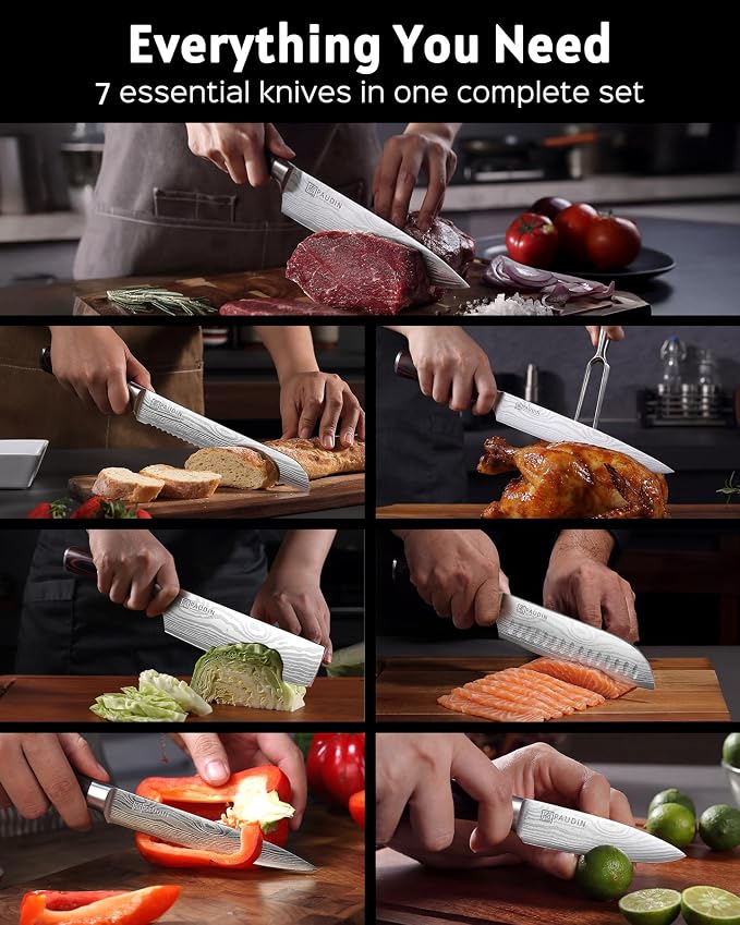 PAUDIN Chef Knife Set, 7 Pieces Kitchen Knife Set, Ultra Sharp Knife Set | High Carbon Stainless Steel, Professional Knives Set for Kitchen with Pakkawood Handle