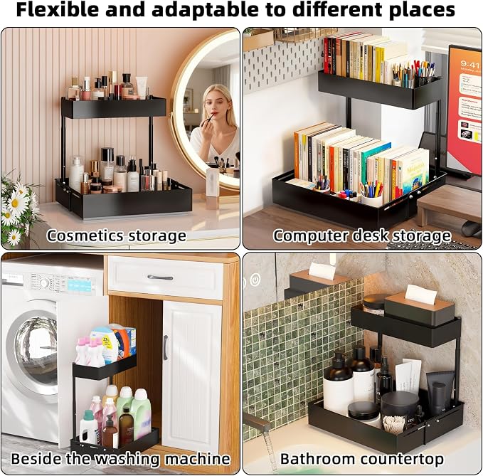 2 Tiers Metal Under Sink Organizer with Adjustable Height and Width, 2 Pack | Thickened Metal Pull Out Under Cabinet Organizer to Tidy, Sturdy Sliding Storage Shelf for Kitchen, Bathroom and Laundry