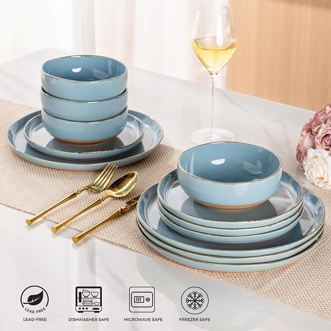 AmorArc Dinnerware Sets for 4, 12 Pieces Ceramic Plates and Bowls Set | Scratch Resistant Stoneware Dishes Set, Dishwasher & Microwave Safe, Stone Blue