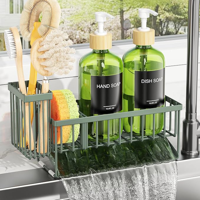 Cisily Kitchen Dish Soap Dispenser Set with 2 Pack 16.9oz Amber Glass Bottle and Sponge Holder, Dish Soap Dispensers with Adjustable Sponge Holder, Vintage Hand and Dish Soap Dispensers Set