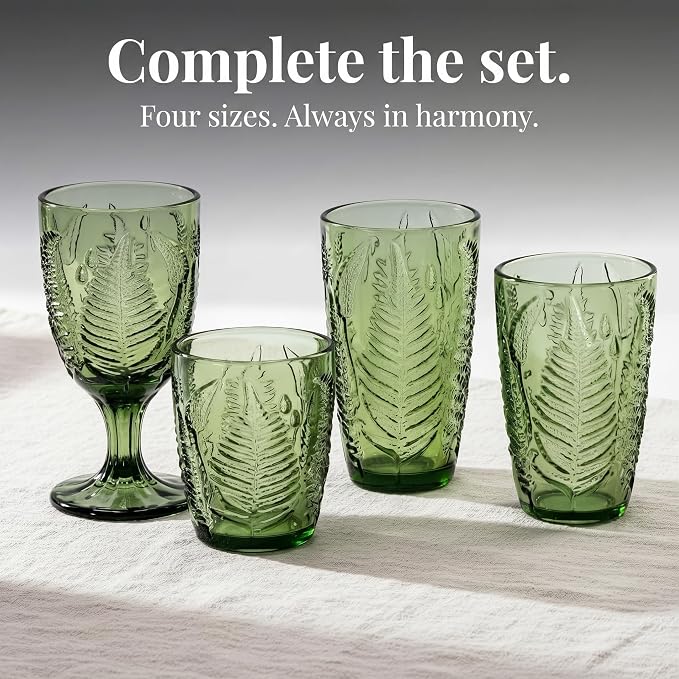 Green Drinking Glasses Set of 4, 12 oz Glass Cups, Vintage Fern Glassware | Hand-Pressed, Dishwasher Safe, Boho Leaf-Textured Drinkware, Embossed Highball Tumblers for Water, Retro Kitchen Gift