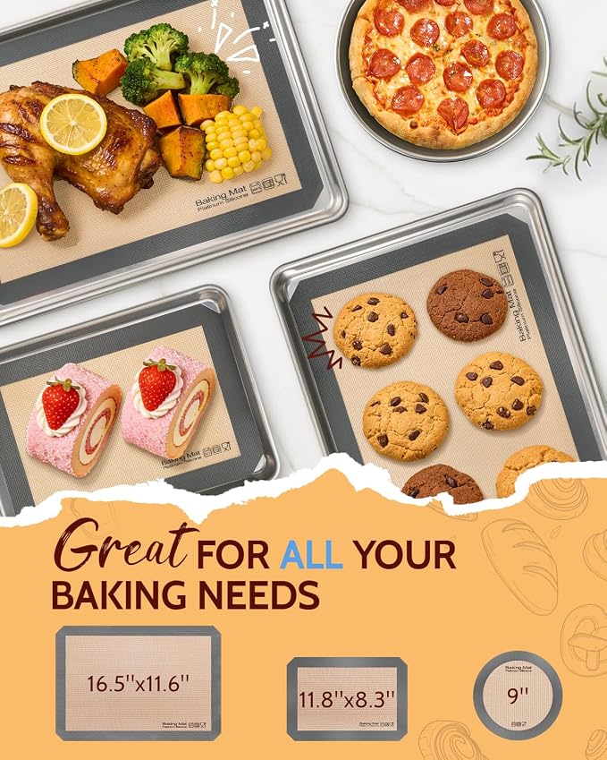 Sopito Platinum Silicone Baking Mat, Non-Stick Silicone Baking Sheet, 5 Pcs | Reusable, Food-Grade, Heat Resistant to 480℃, Dishwasher Safe, Half-sheets, Quarter-sheets, and Round Mat Set, Versatility