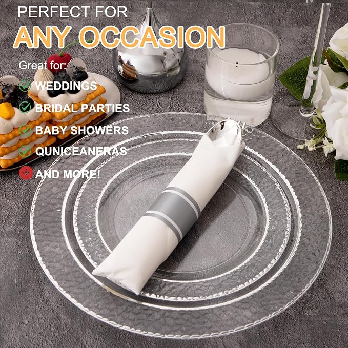 400PCS Silver Wrapped Silverware Set Disposable Hammered for Wedding | Pre-Rolled and Individually Wrapped, 100 Guests, Durable and Sturdy, BPA free, Includes Matching Napkins, for Upscale Dinners
