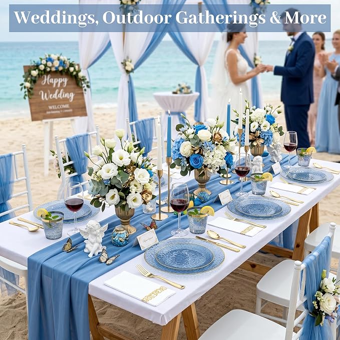 DaYammi 350PCS Blue Plastic Dinnerware Set, Plastic Plates Disposable Hammered Disposable Plates for Party, Include: 50 Dinner Plates 50 Dessert Plates 150 Gold Silverware 50 Napkins 50 Cups