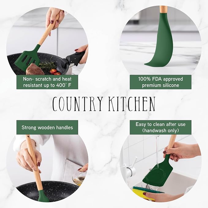 Country Kitchen Non Stick Silicone Utensil Set with Rounded Wood Handles for Cooking and Baking, 14 Piece Set, Green