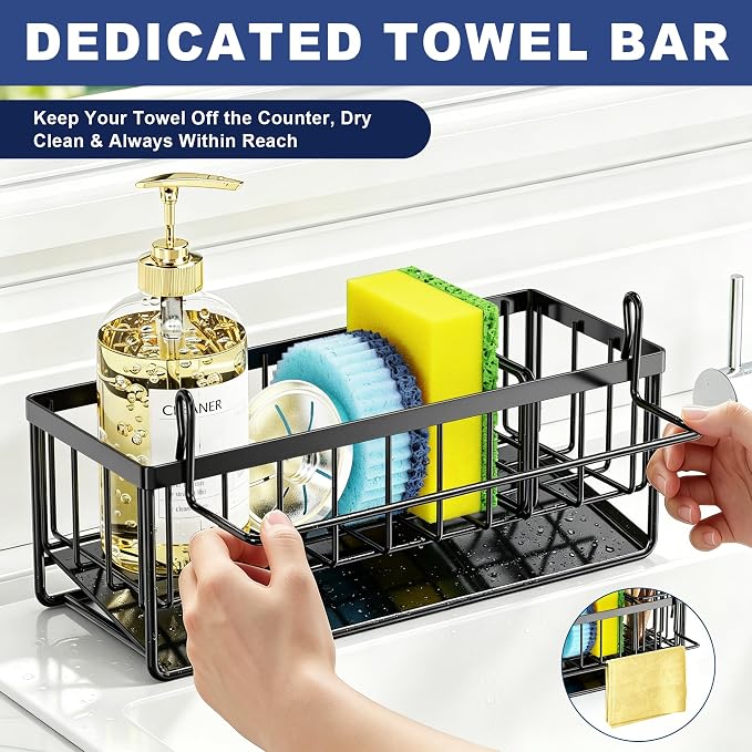 Slanted Sponge Holder for Kitchen Sink, Stainless Steel Sink Caddy Multi Sponge Holder, Small 9.65" × 3.74" × 6.3" Organizer for Apartment, Dorm, RV, Small Kitchen Countertop (Black)