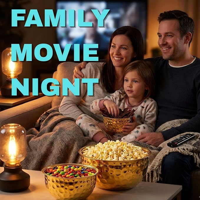 Gold Serving Bowls, Hammered Gold Bowls Set of 3, Large Popcorn Bowl Elegant Snack Bowl Set for Movie Night, Decorative Stainless Steel Salad Bowls for Party & Entertaining (7.2, 4, 2 Qt)