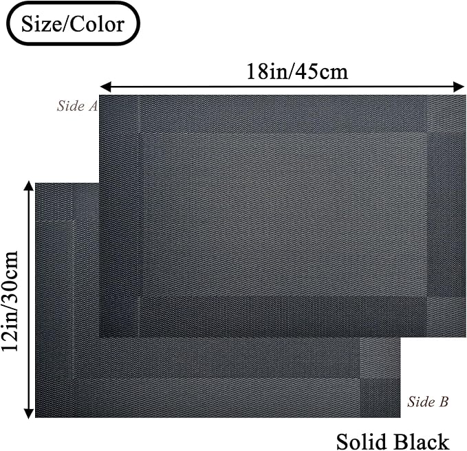 Vinyl Placemats Heat-Resistant Table Mats Washable Easy Clean Plastic Placemat for Kitchen Dining Table Set of 8 Indoor Outdoor (Solid Black)