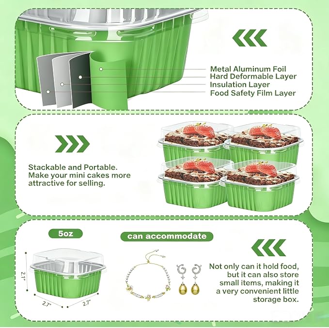 30Pack 5oz Green Mini Cake Pans with Lids Baking Cups Aluminum Foil Pans Tins, Individual Dessert Cups Containers for Sales,Party,Picnics