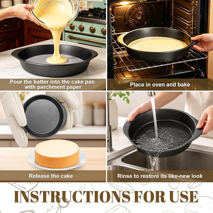 9 Inch Cake Pan Set, 3-Piece Carbon Steel Round Cake Pans with 100 Pre-Cut Parchment Paper Rounds, Nonstick Baking Pans for Layer Cakes, Pizza and Desserts