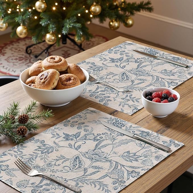 JINCHAN Linen Floral Placemats Set of 4 Farmhouse 13x19 Inch Blue | Fabric Placemats, Cottage Style, Vintage Botanical Pattern, Machine Washable, Easy to Store, Reusable