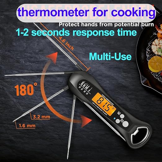 Instant Read Meat Thermometer, Waterproof Digital Food Thermometer | Backlit LCD Display, Long Probe, Fast Accurate Temperature Reading for BBQ, Grill, Candy & Oil Cooking (°C/°F)
