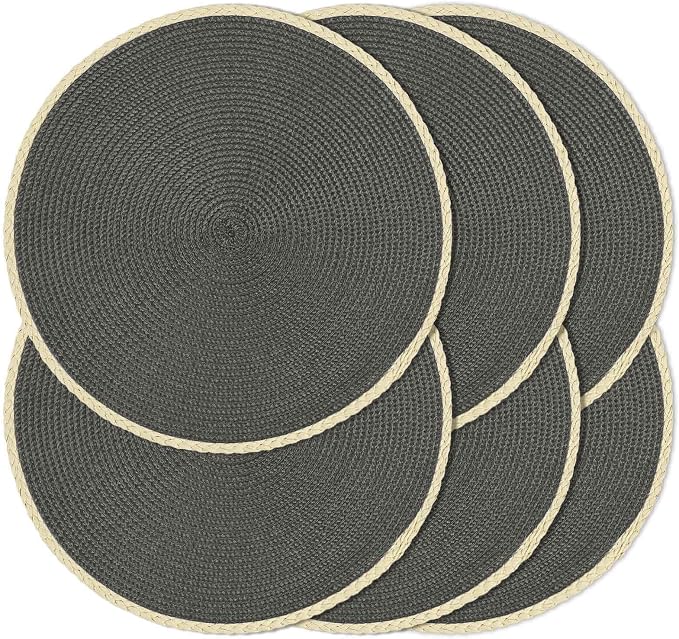 Round Placemats Set of 6, Woven Table Mats, Thin Edge, Charcoal Grey | Braided Paper Edge, 15 Inch Diameter, Fits Dinner Plate and Flatware, Wipeable, Heat Resistant, Indoor Dining, Outdoor Patio