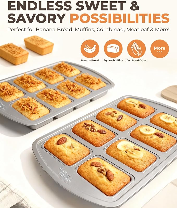Bake Choice Mini Loaf Pan, 8-Cavity Non-Stick Carbon Steel Baking Pans Set | Baking Pan for Banana Bread, Cornbread, Cheesecake, Muffins, Pound Cake, Small Meatloaf, Bread Pan