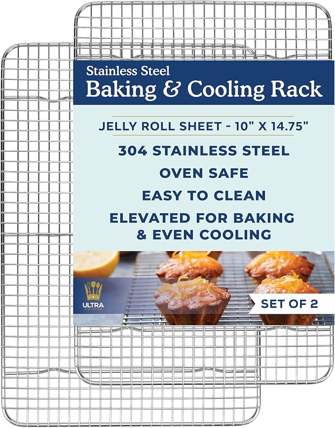Cooling & Baking Rack Set - Sheet Pan - 10'' x 14.7" | 100% Stainless Steel, Oven-Safe, Dishwasher-Safe, Heavy Duty Tight-Wire, Set of 2, Half Sheet Pan Cooling Racks, Easy Clean