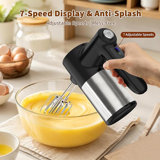 binROC Cordless Electric Hand Mixer, 7-Speed with Storage Base, Black | Rechargeable, Eject Button, Long Battery, Quiet Anti-Splash, 6×304 Stainless Attachments, Self-Stand for Cake, Dough Baking