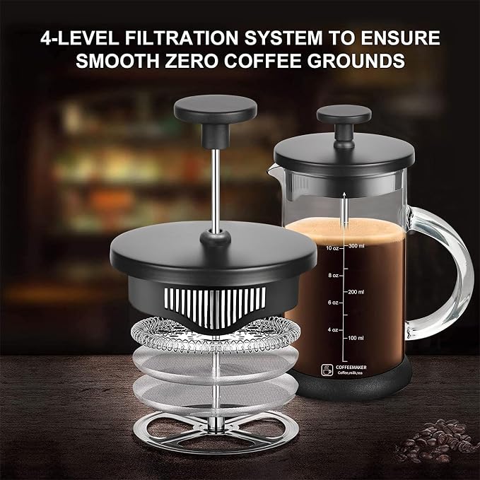 YMMIND French Press Coffee Maker 12 Ounce Espresso Tea Coffee Maker with 4 Filters System, Stainless Steel Plunger and Heat Resistant Borosilicate Glass BPA-Free Brewed Tea Pot Coffee Plunger