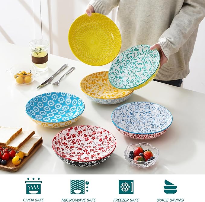 vancasso 8.5" Pasta Bowls Set of 6, 40 oz Porcelain Shallow Salad Bowls, Serving Bowls Large Kitchen Bowl Plates Pasta Dishes Plates, Colorful Floral Design, Microwave Safe, Series SELENE
