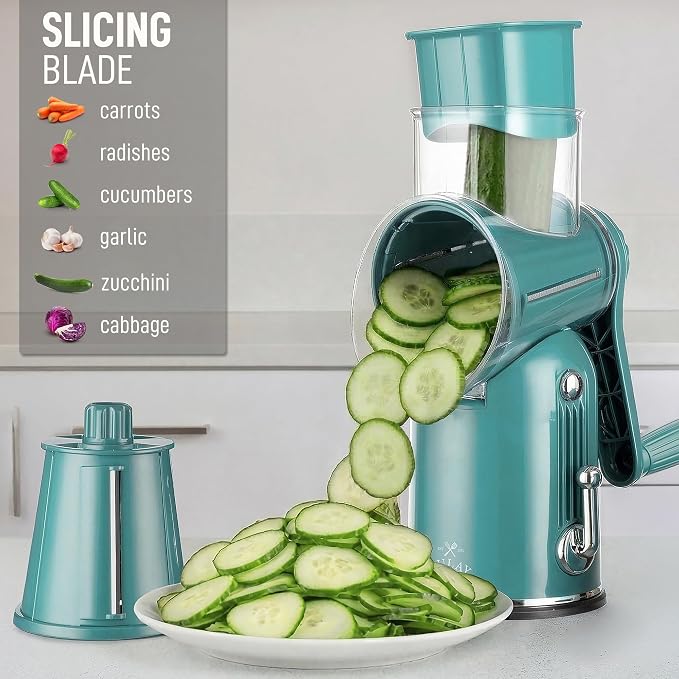 Zulay Kitchen Rotary Cheese Grater 5 Blade Cheese Shredder - Manual Hand Crank Cheese Grater With Reinforced Suction & 5 Interchangeable Drums - Easy to Use, Vegetable Chopper Round Mandoline Slicer