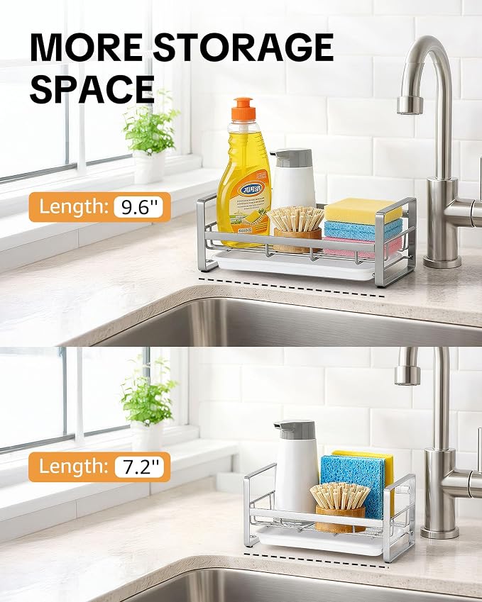 HULISEN Large Kitchen Sponge Holder, 304 Stainless Steel Sink Caddy, Grey | Removable Drain Tray, Holds Sponges Soap Bottles Brushes, Countertop Storage, No Dispenser or Brush