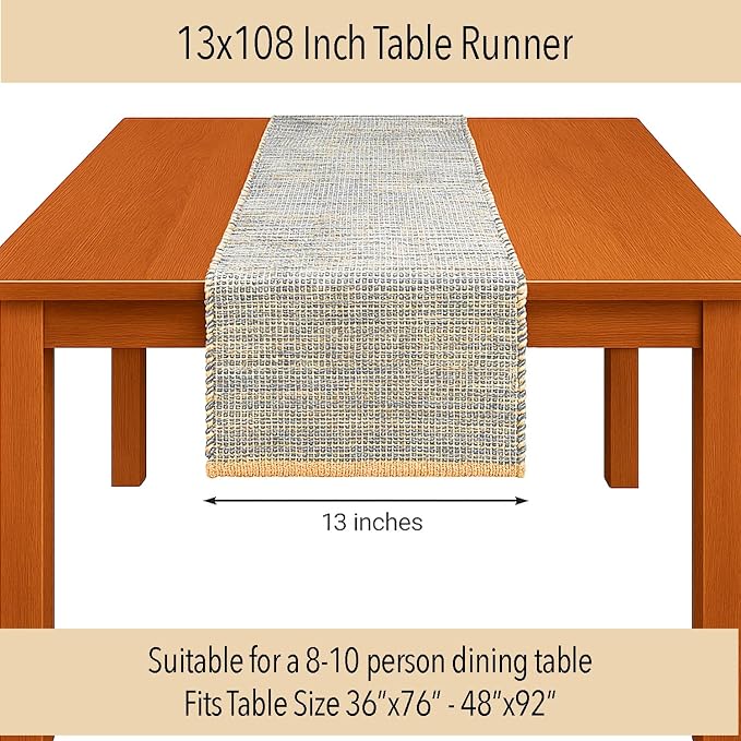 Natural Jute Table Runner 13x108 Inch – Vintage Boho Rustic Table Decor – Handwoven Long Table Runner in Natural Jute and Grey – Farmhouse Dining or Console Table Accent
