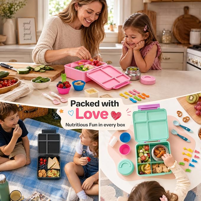 JSLOVE Bento Lunch Box with Leak Proof Thermos Food Jar for Kids, Food Lunch Containers for Boys with 4 Compartments, BPA-Free with Utensils, Food Picks, Sauce Jar & Silicone Lunch Box Dividers