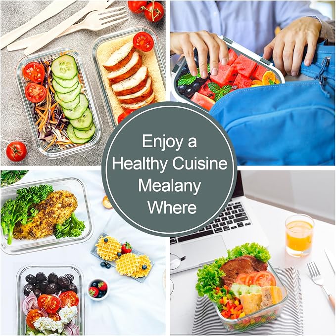 VERONES 10 PACK Glass Meal Prep Containers Set with Lids, Grey | Airtight & Stackable Glass Food Storage Containers Set with Lids, for Microwave, Oven, Freezer & Dishwasher Friendly