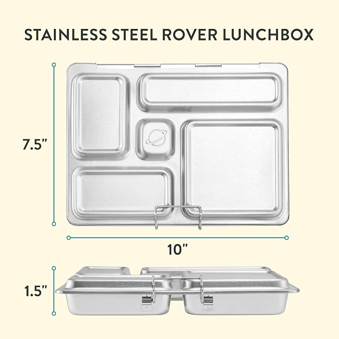 PlanetBox Rover Stainless Steel Bento Box Style Lunch Box Kit for Kids with 5 Compartments – Space Animals Edition includes Insulated Lunch Bag, Leakproof Food Containers and Matching Magnets