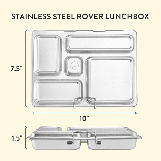 PlanetBox Rover Stainless Steel Bento Box Style Lunch Box Kit for Kids with 5 Compartments, Camo Shark Edition includes Insulated Lunch Bag, Leakproof Food Containers and Matching Magnets