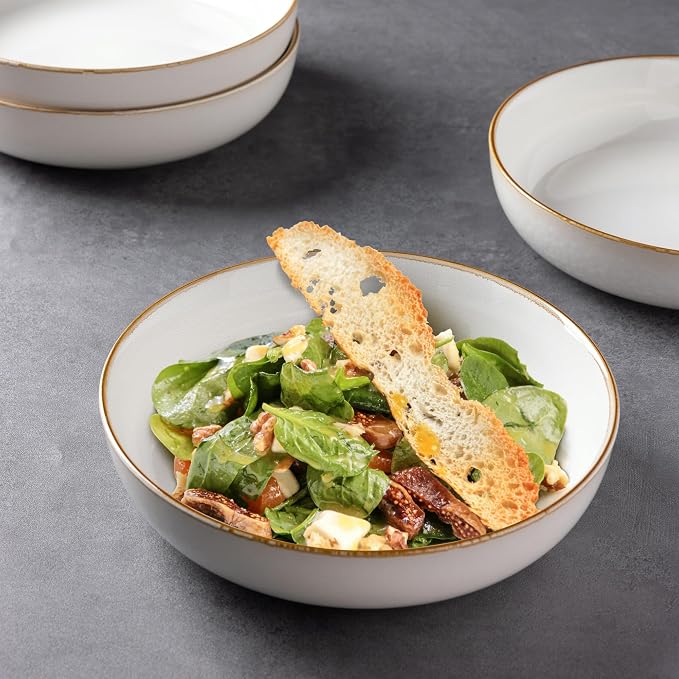 GBHOME 8.75'' Large Ceramic Pasta Bowls, 38oz Stoneware Pasta Serving Bowls Set of 4 for Kitchen, Wide Bowls for Fruit,Pasta,Salad,Oatmeal,Meal, Microwave Safe, Reactive Glaze-Pear White