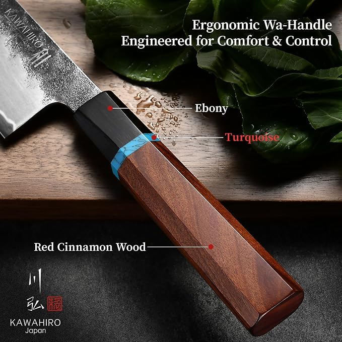 8.27 Inch Japanese Chef Knife, Hand-Forged VG10 for Precise Cuts | Hand-sharpened edge, distal taper, balanced octagonal wood handle, black-forged finish, red velvet-lined wooden gift box