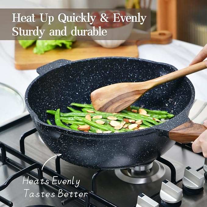 12 Inch Nonstick Deep Frying Pan Skillet with Lid and Spatula, 6 Qt Jumbo Saute Pan with Pour Spout, Non Stick Granite Stir-Fry Chef Wok with Scrub Sponge, Induction Stovetops Compatible