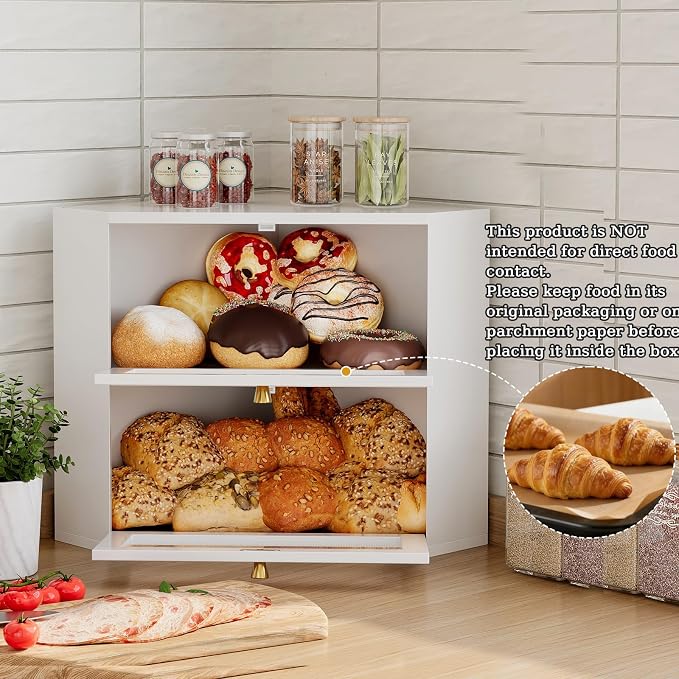 Trironsun Corner Bamboo Bread Box for Kitchen Counter Double Layer Bread Storage Container Large Capacity Bread Storage Bin with Wavy Arcylic Transparent Door (White)