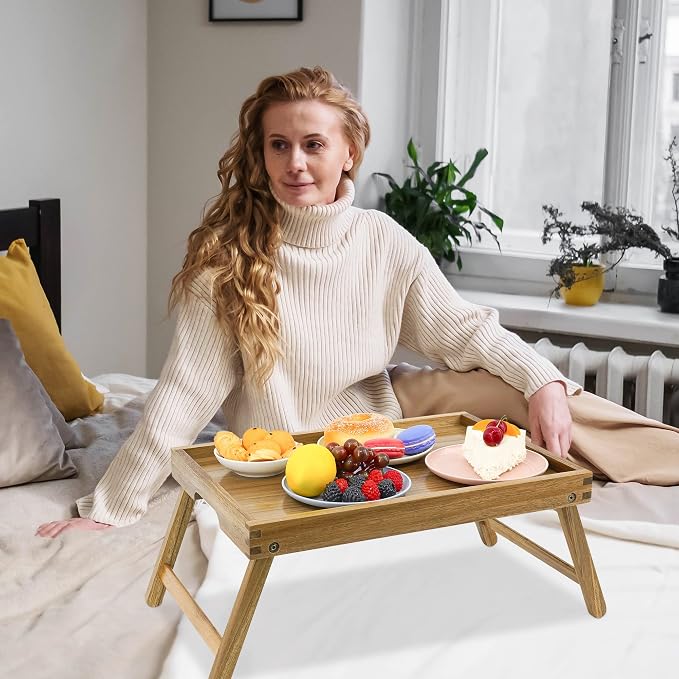 VaeFae Acacia Bed Table, Wooden Breakfast Bed Tray with Folding Legs | Bed Trays for Eating and Laptop, Eating Trays for Bedroom, Sofa
