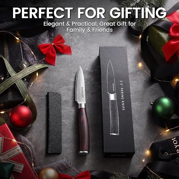 DiiHAUZZ Paring Knife, 3.5 Inch Fruit Knife, High Carbon Stainless Steel | Ultra Sharp 12-15° Blade, Ergonomic Pakkawood Handle No Cracking, Peeling Fruits Cutting Slicing Vegetable, Gift Box & Sheath