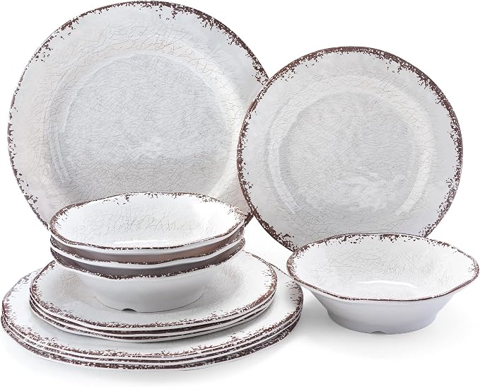 LEHAHA Vintage White Melamine Dinnerware set-12 Piece Lightweight Unbreakable Outdoor Camper Plates/Dishes and Bowls Set, Service for 4, Dishwasher Safe…