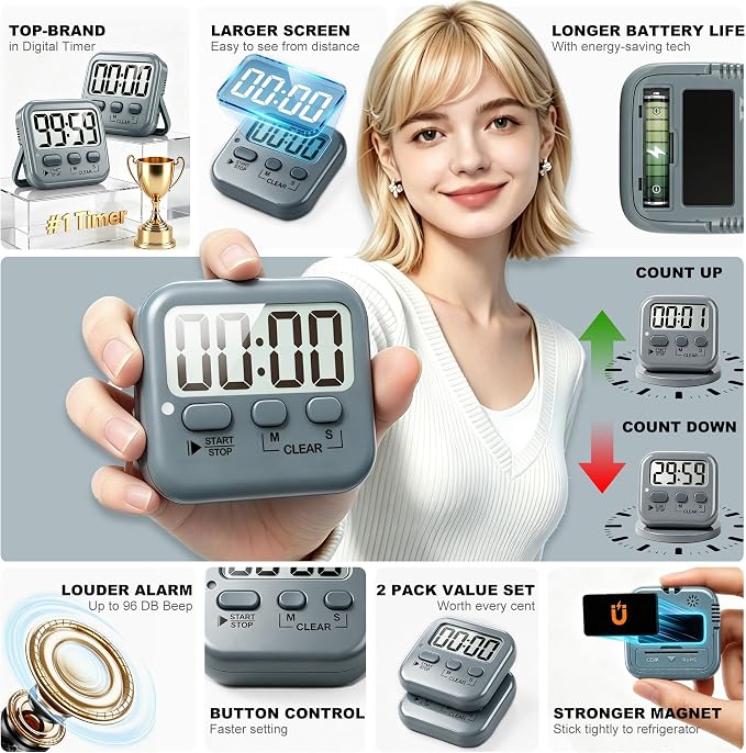2 Pack Digital Timer for Kids Classroom Kitchen Timers for Cooking | w/ Battery, Easy to View, Alarm, Mute Mode, Count Down/Up, Magnetic, Kickstand, Hanging, Classroom Timer for Teacher Supplies