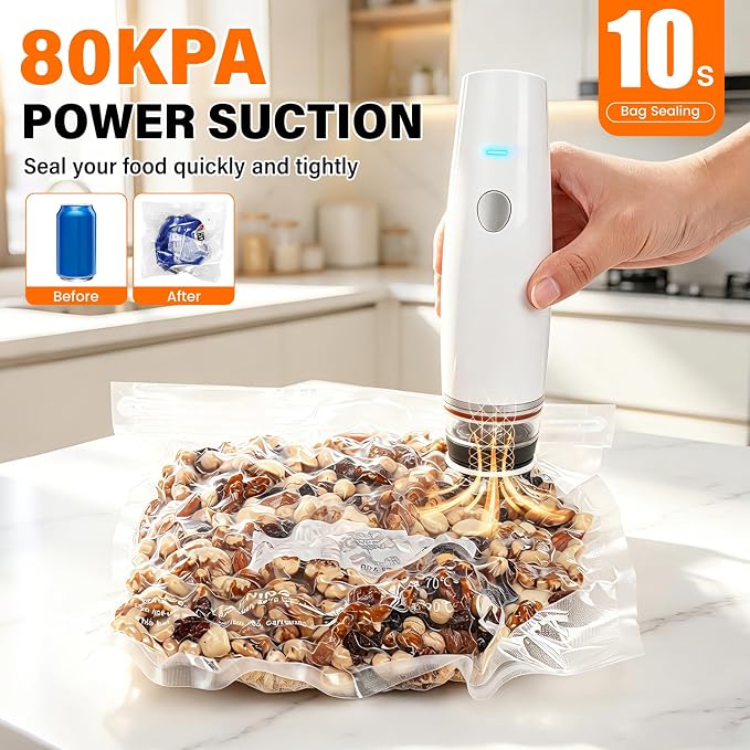 -80kPa Compact Vacuum Sealer for Food (Vacuum Sealer Machine + 30 Reusable Bags), Cordless Handheld Vacuum Sealer Machine Portable Mini Food Sealer for Sous Vide & Meal Prep-White