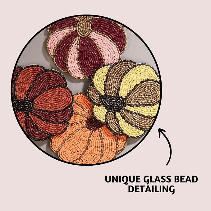 Folkulture Cute Fall Coasters Set of 4 for Drink, Non Slip,Easy to Clean | Boho, Coaster for Farmhouse, Coffee Table, Beaded Coasters for Fall Decorations, Outdoor Pumpkin Decor, Modern Home Decor