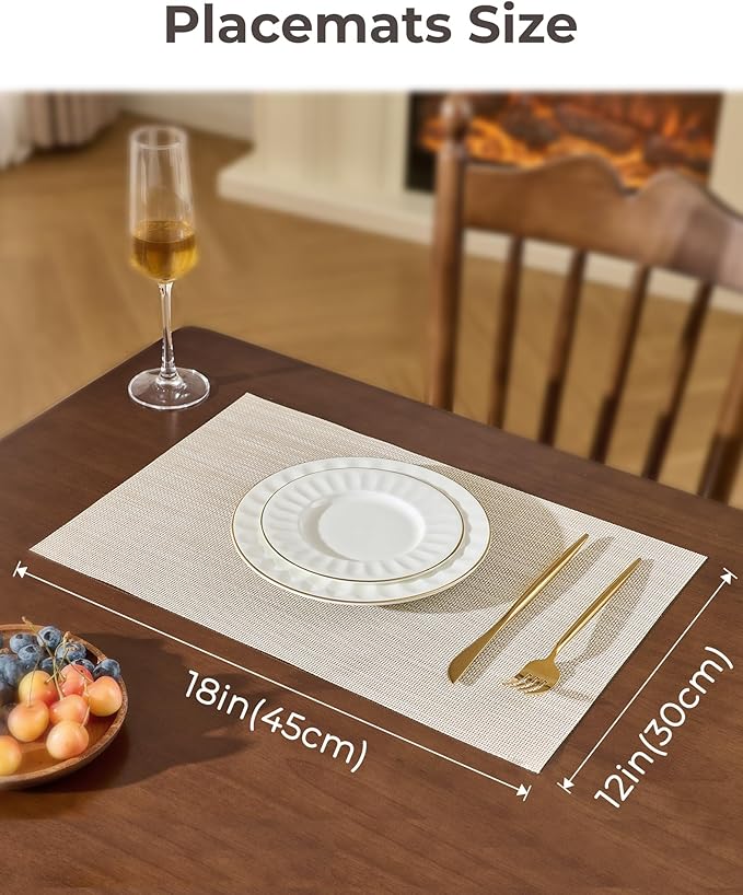 Leetaltree Beige White Placemats Set of 4 - Heat Resistant Non-Slip Place mats for Dining Table, Washable Durable PVC Vinyl Woven Table Mats(Beige White, 4)