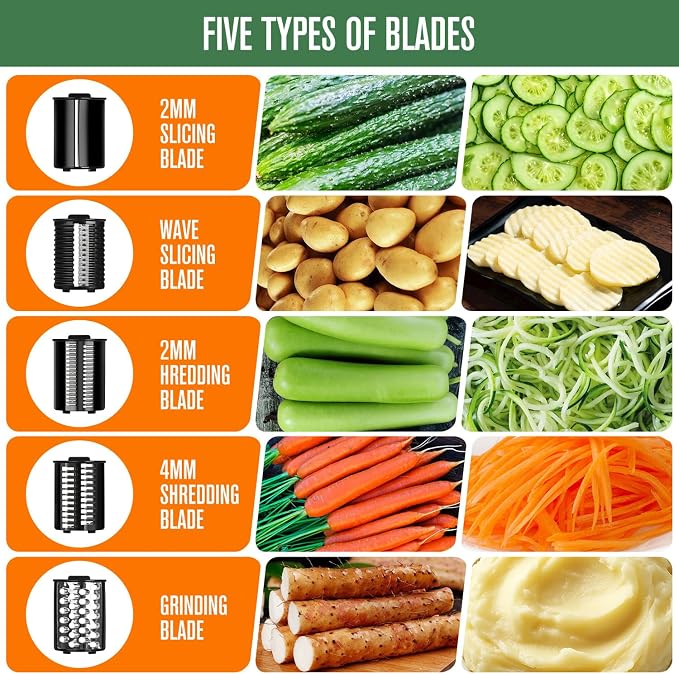 5-in-1 Electric Vegetables Chopper 250W Food Processor Veggie | Large Feed Chute, One-Touch Operation Slicer Shredder Grater for Carrots, Potatoes, Nuts, Crackers