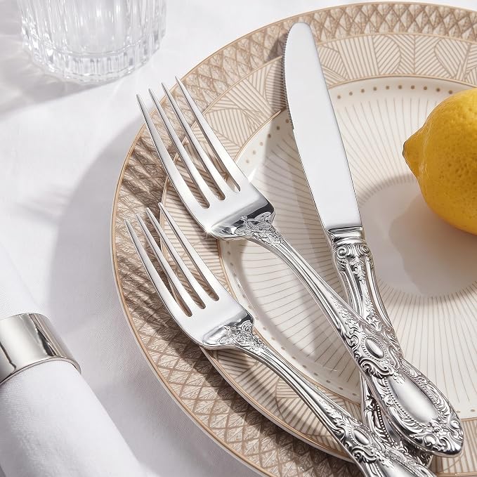 OSVSEE Vintage Silverware Set, 18/10 Stainless Steel Flatware Set for 4 | Heavy Duty Flatware with Royal Palace Handles, Mirror Polished Cutlery, Dishwasher Safe Silverware for Weddings & Gift Giving