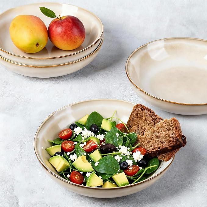 AmorArc 8.5’’ Ceramic Pasta Bowls Set of 6, 36oz Large Stoneware Bowls Set | Large Dinner Serving Bowls Set, Wide Bowl Plate for Pasta,Salad, Soup, Microwave Safe, Reactive Glaze-Cappuccino